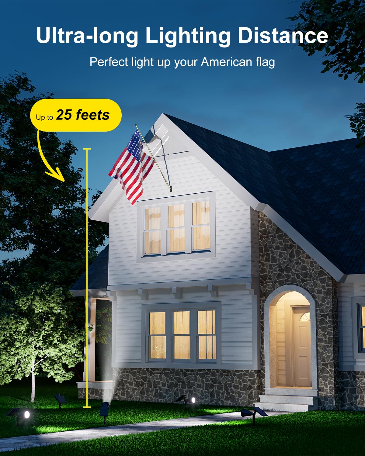 FALOVE solar spot light highlights a flagpole with bright, energy-free ambience