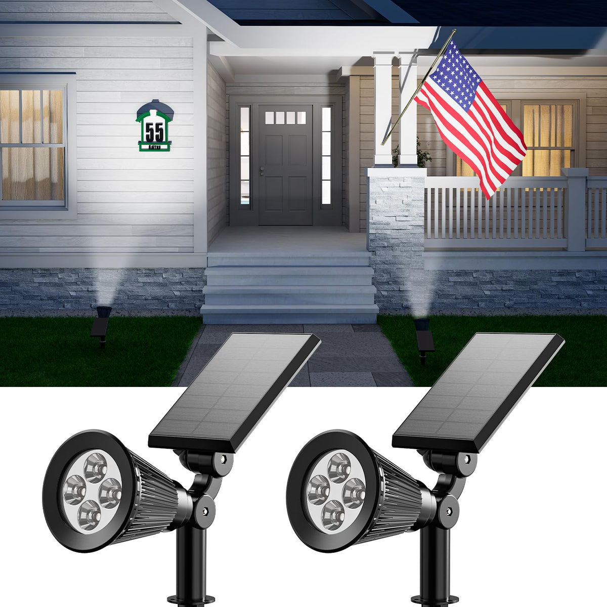 FALOVE solar spotlight highlighting a flag for nighttime curb appeal