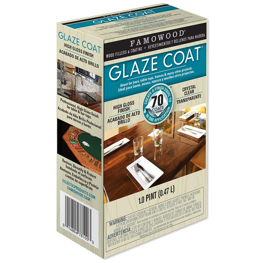 Famowood Glaze Coat epoxy kit pour creates a crystal-clear, high-gloss surface for tabletop projects.