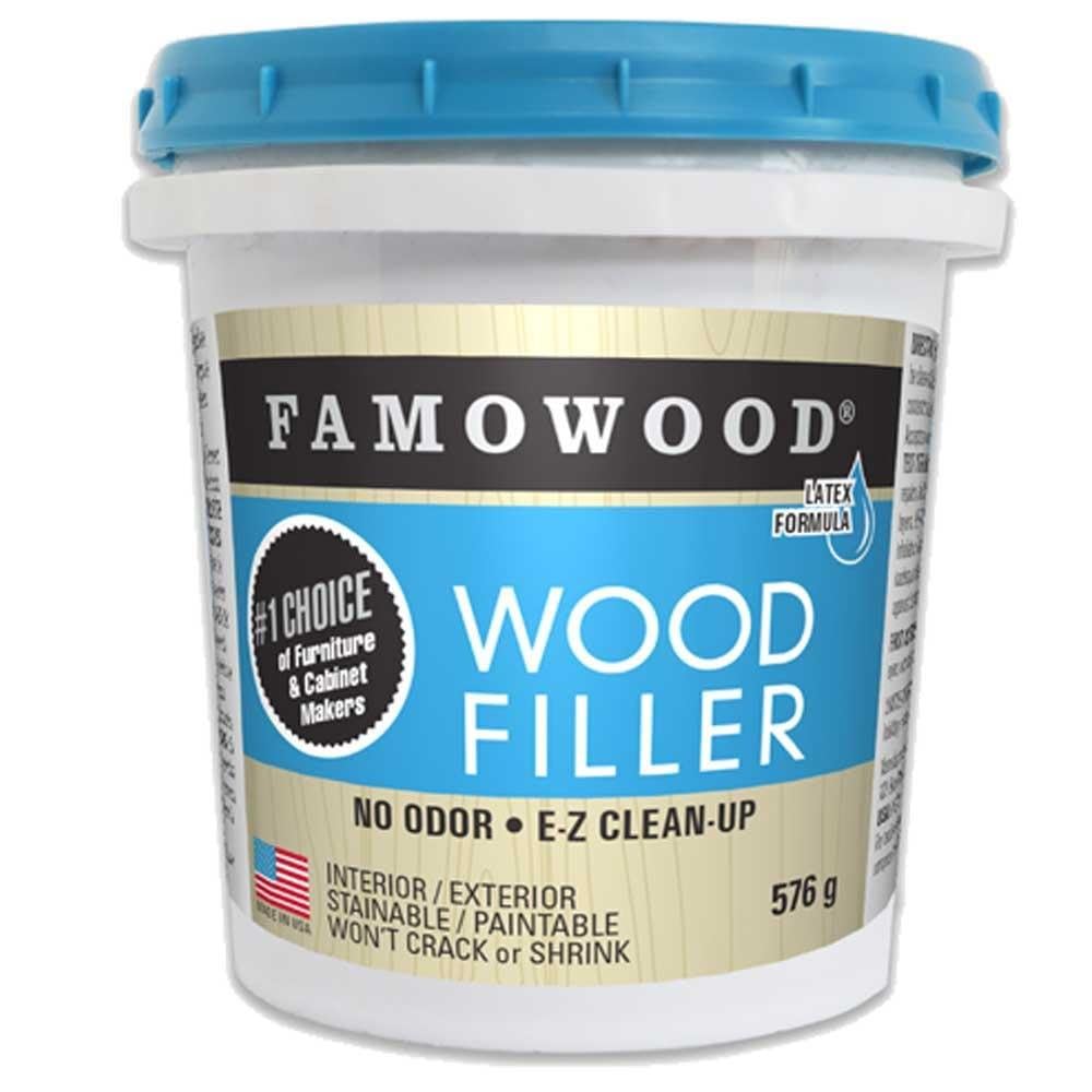 FamoWood latex wood filler in walnut pint ready for quick indoor/outdoor repairs.
