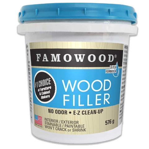 FamoWood latex wood filler in walnut pint ready for quick indoor/outdoor repairs.