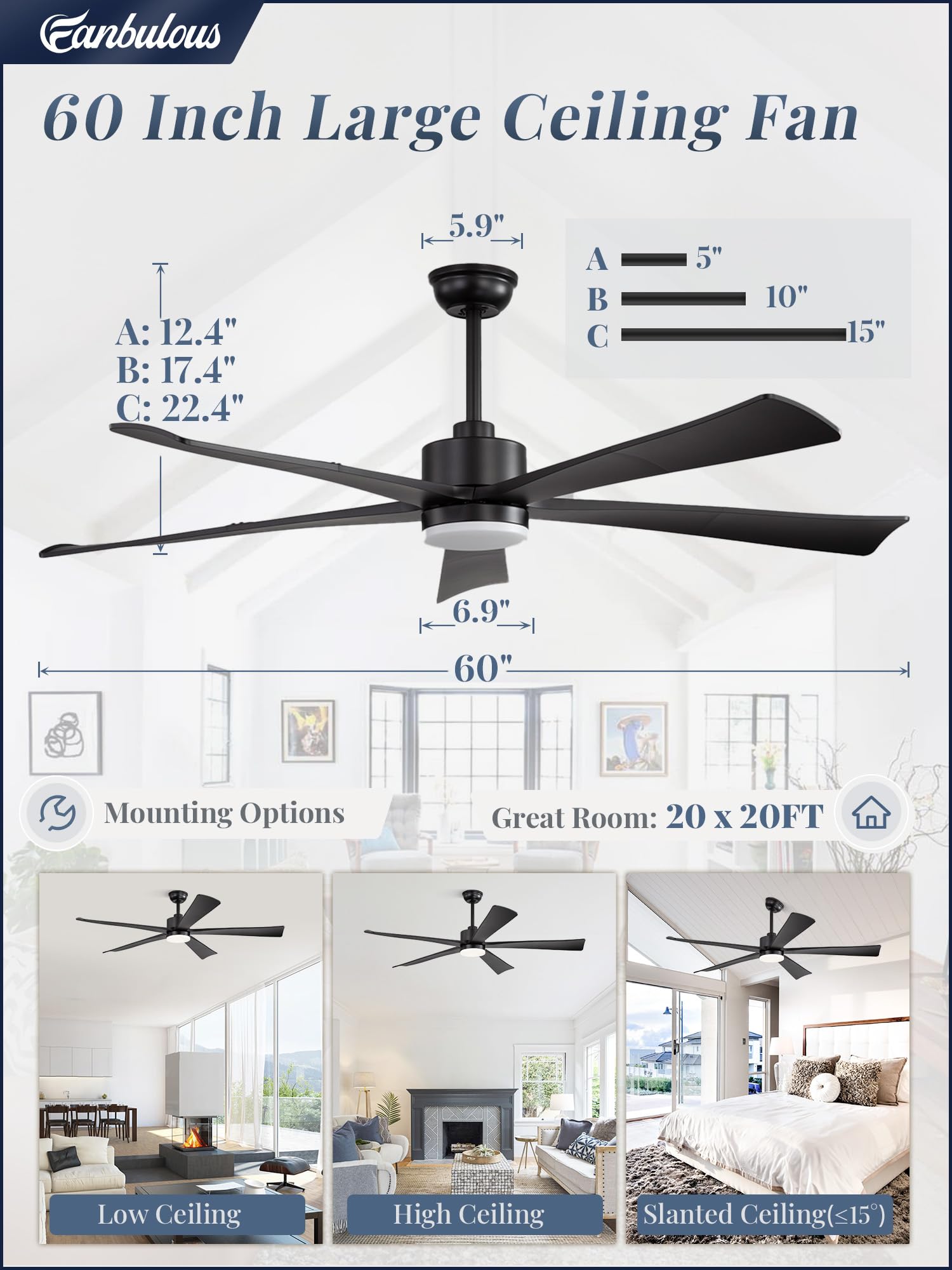 Fanbulous installation with three downrod heights for easy setup.