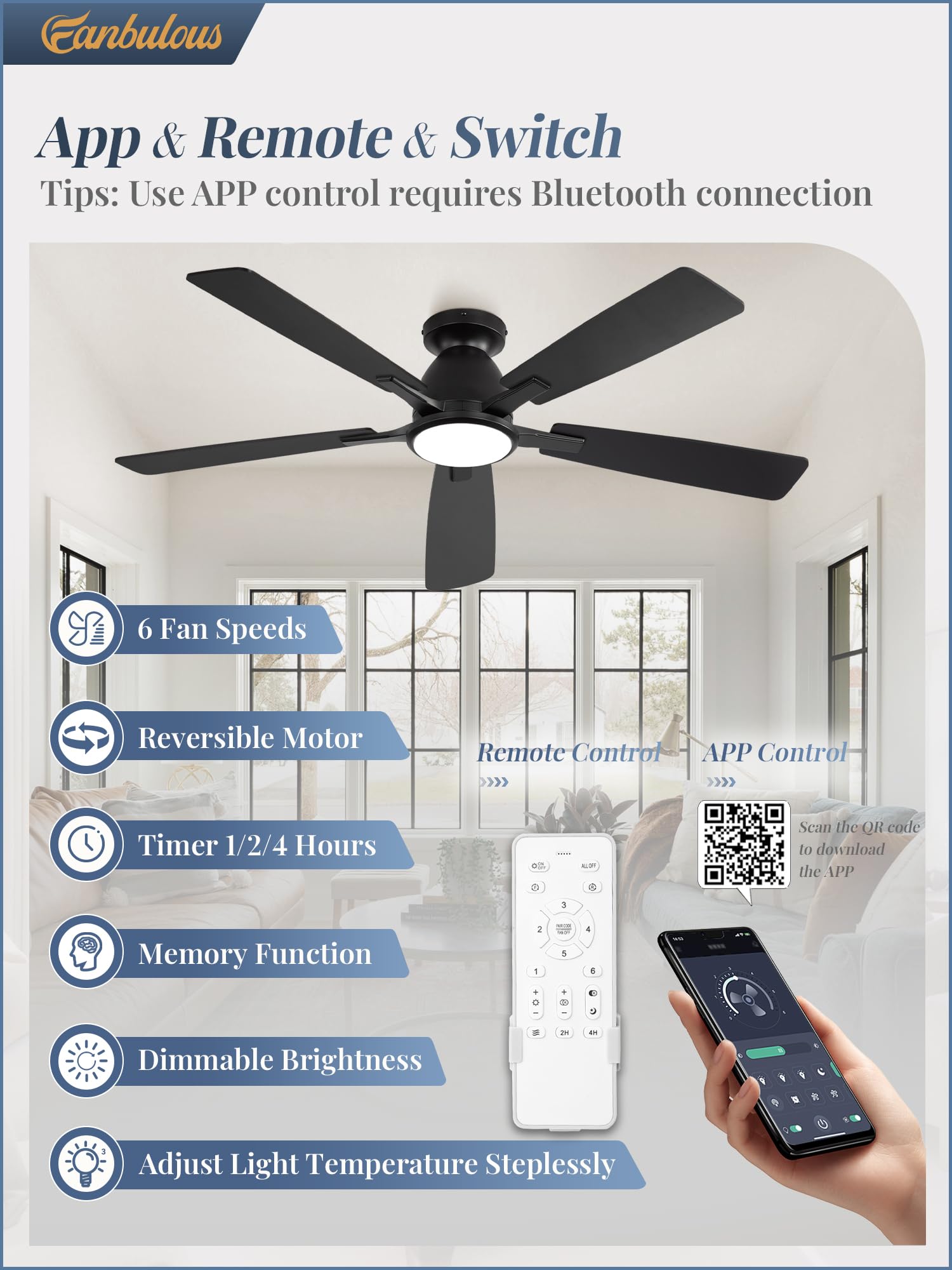 Fanbulous 52-inch ceiling fan with lights side profile highlighting low-profile design