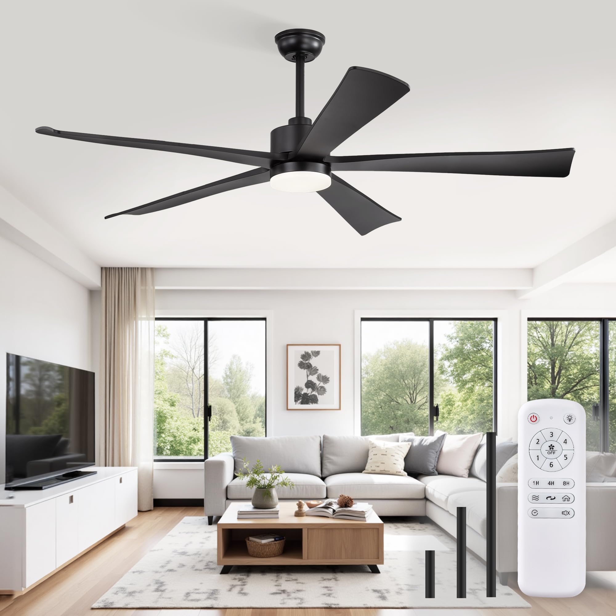 Fanbulous 60-inch black ceiling fan with light and remote for versatile living room cooling.