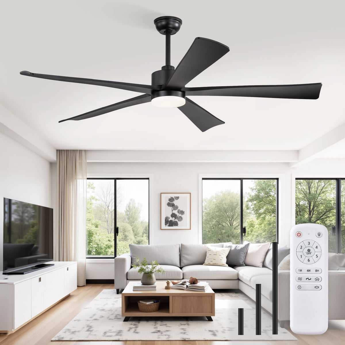 Fanbulous 60-inch black ceiling fan with light and remote for versatile living room cooling.