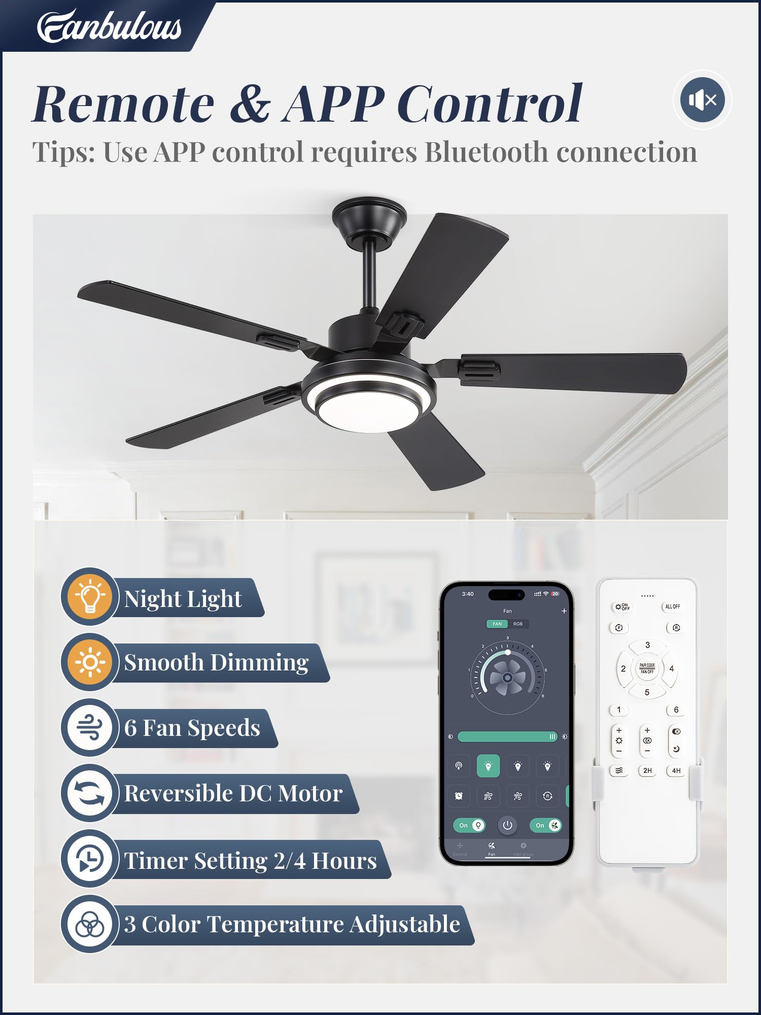 Fanbulous eight-blade dual-color ceiling fan for versatile airflow and lighting options.