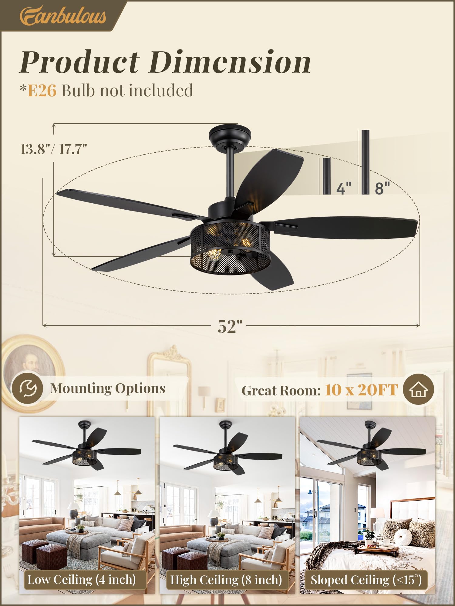 Fanbulous 8-inch downrod included for higher ceilings and optimal spacing.