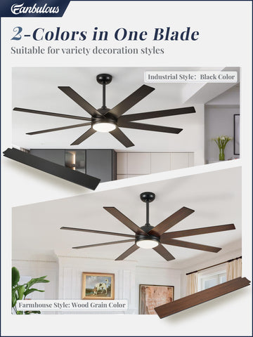 Fanbulous bi-color blades in black woodgrain offer striking outdoor-inspired style.