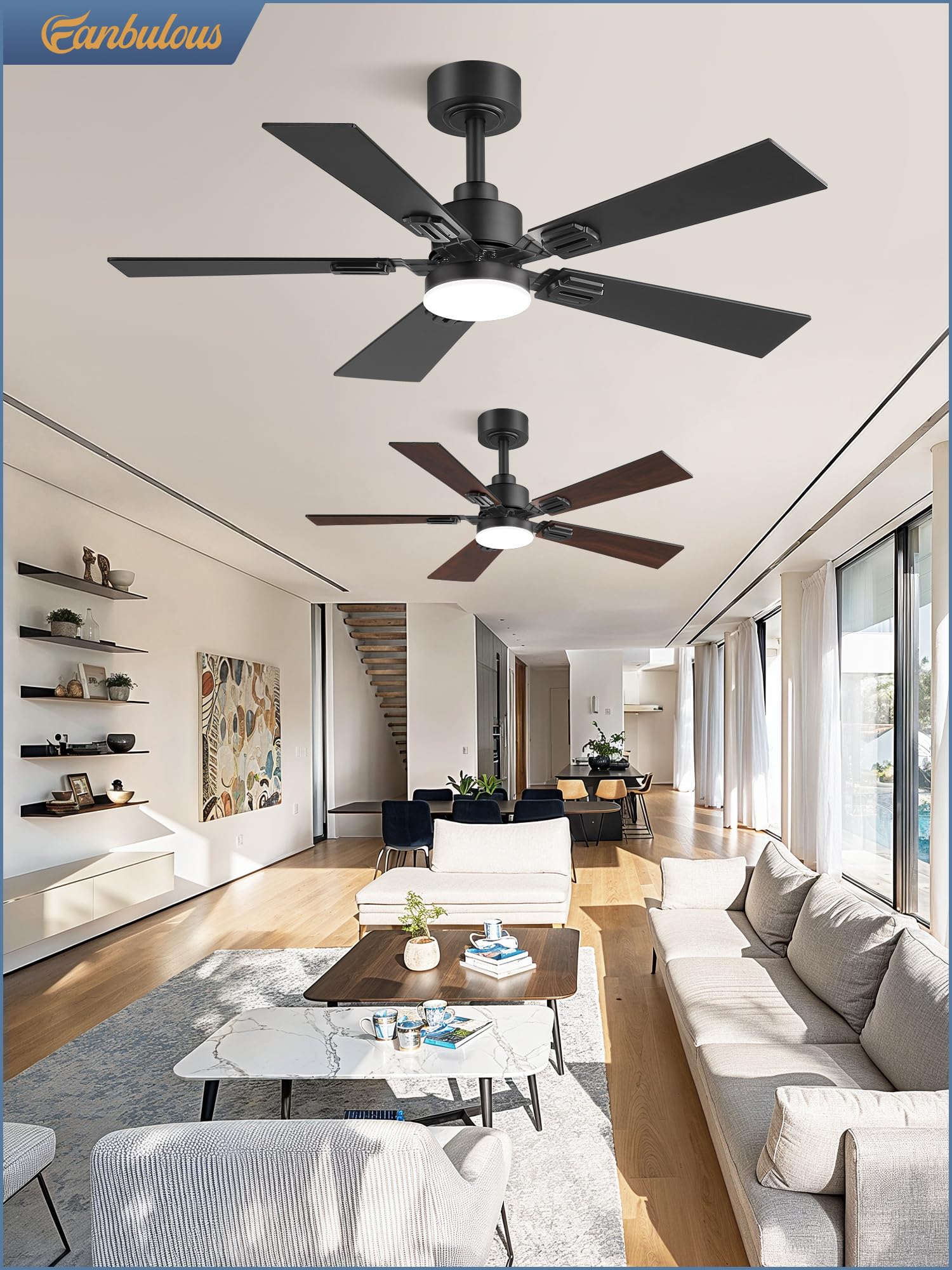 Fanbulous ceiling mount with downrod installation for flexible positioning.