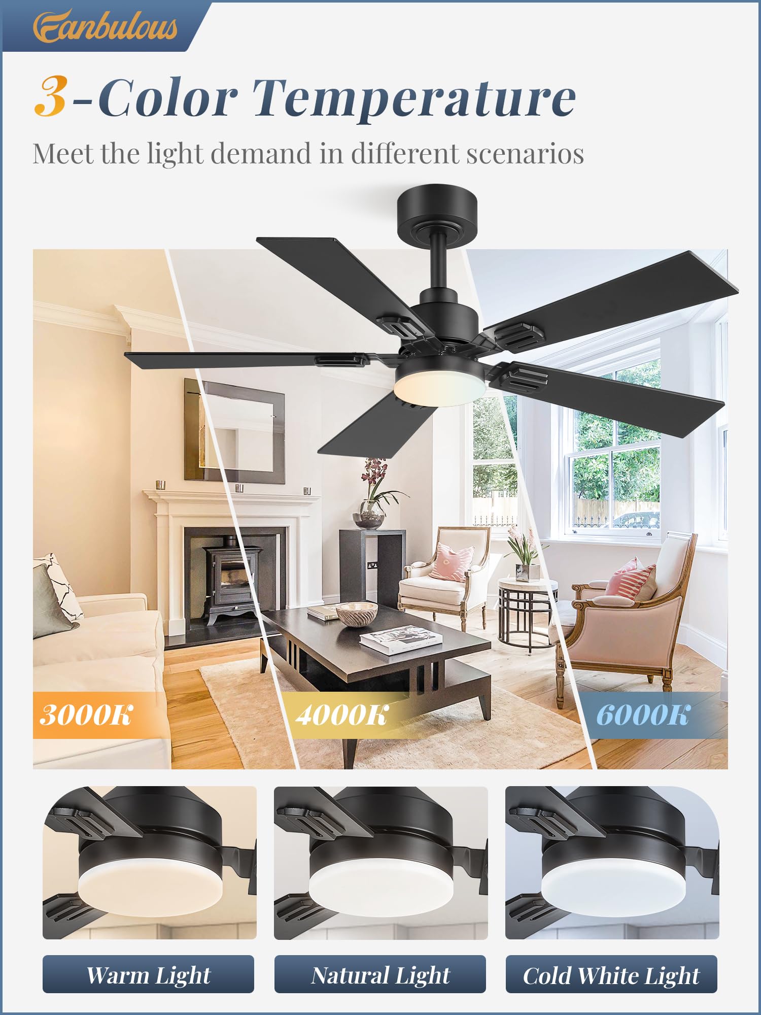 Fanbulous dimmable LED light with 3 CCT for customizable ambience.