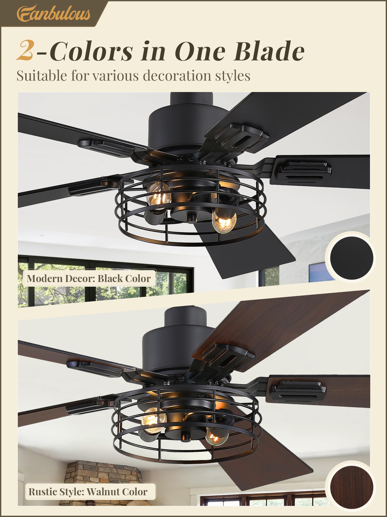 Fanbulous double-sided blades offer versatile style for classic or modern interiors.