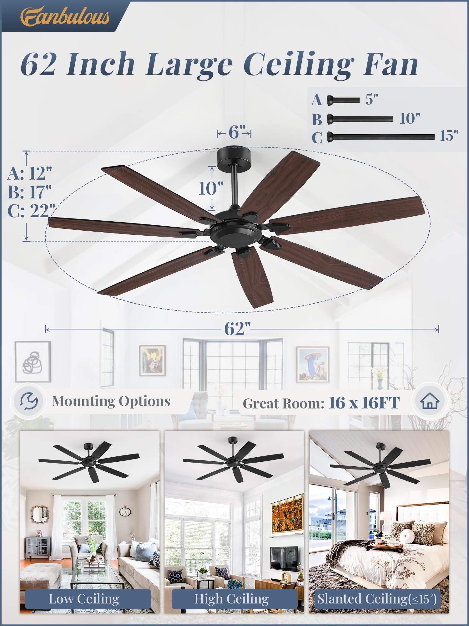 Fanbulous downrods support flexible mounting with 5, 10, and 15 inches.