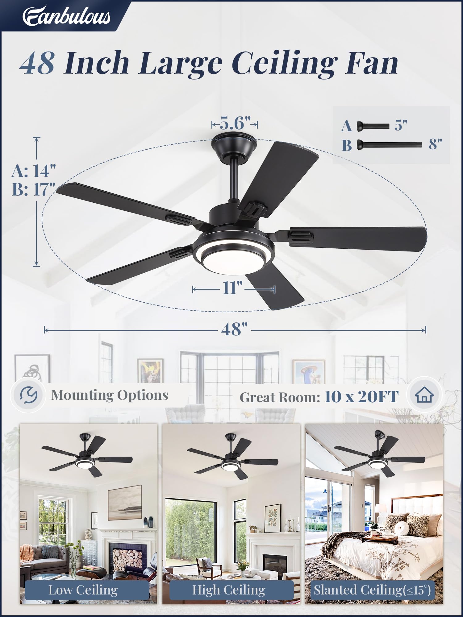 Fanbulous includes 5in and 8in downrods for height flexibility.