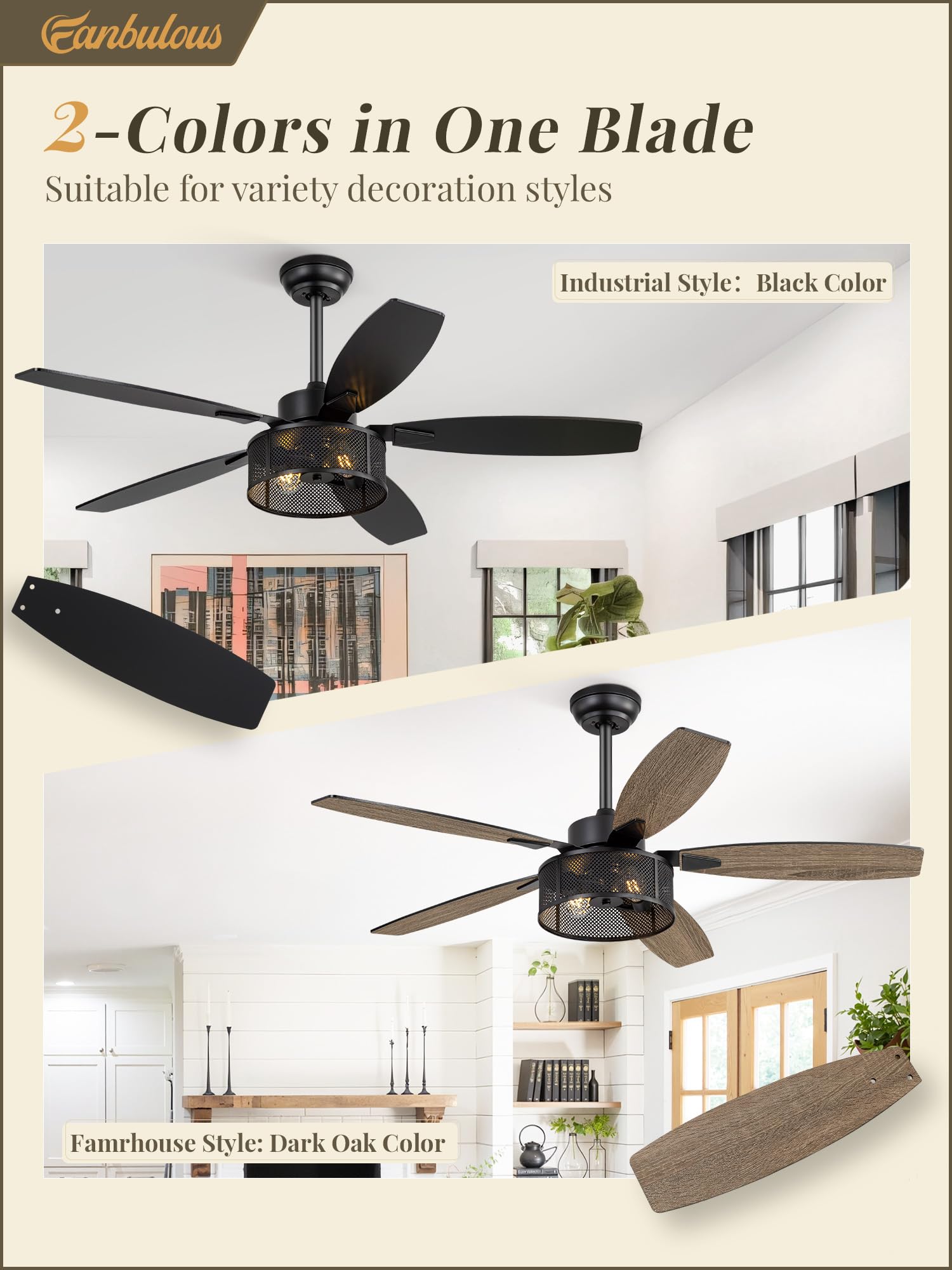 Fanbulous dual-finish blades offer versatile aesthetics for contemporary rooms.