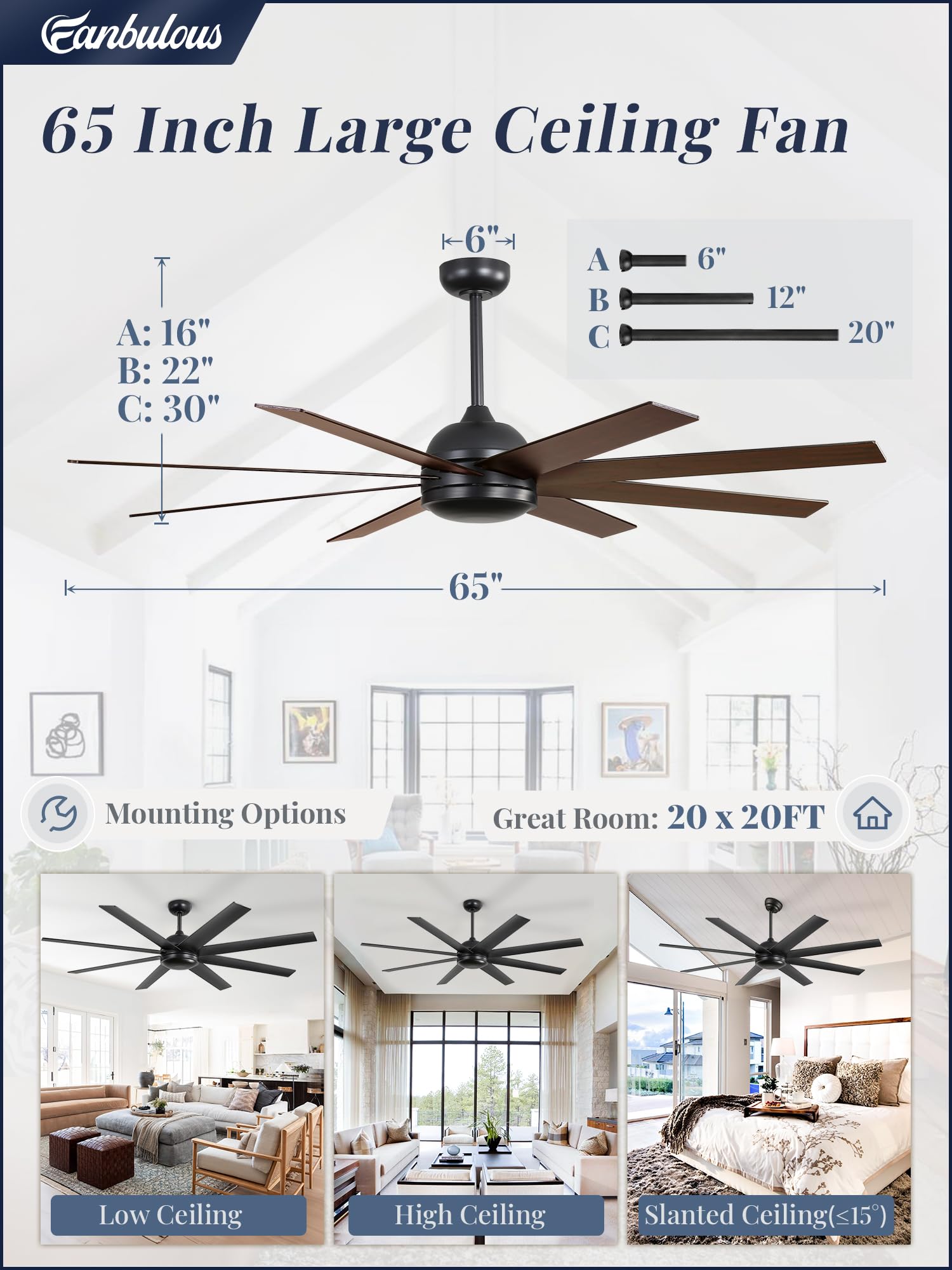 Fanbulous ceiling fan suitable for indoor and covered outdoor spaces.