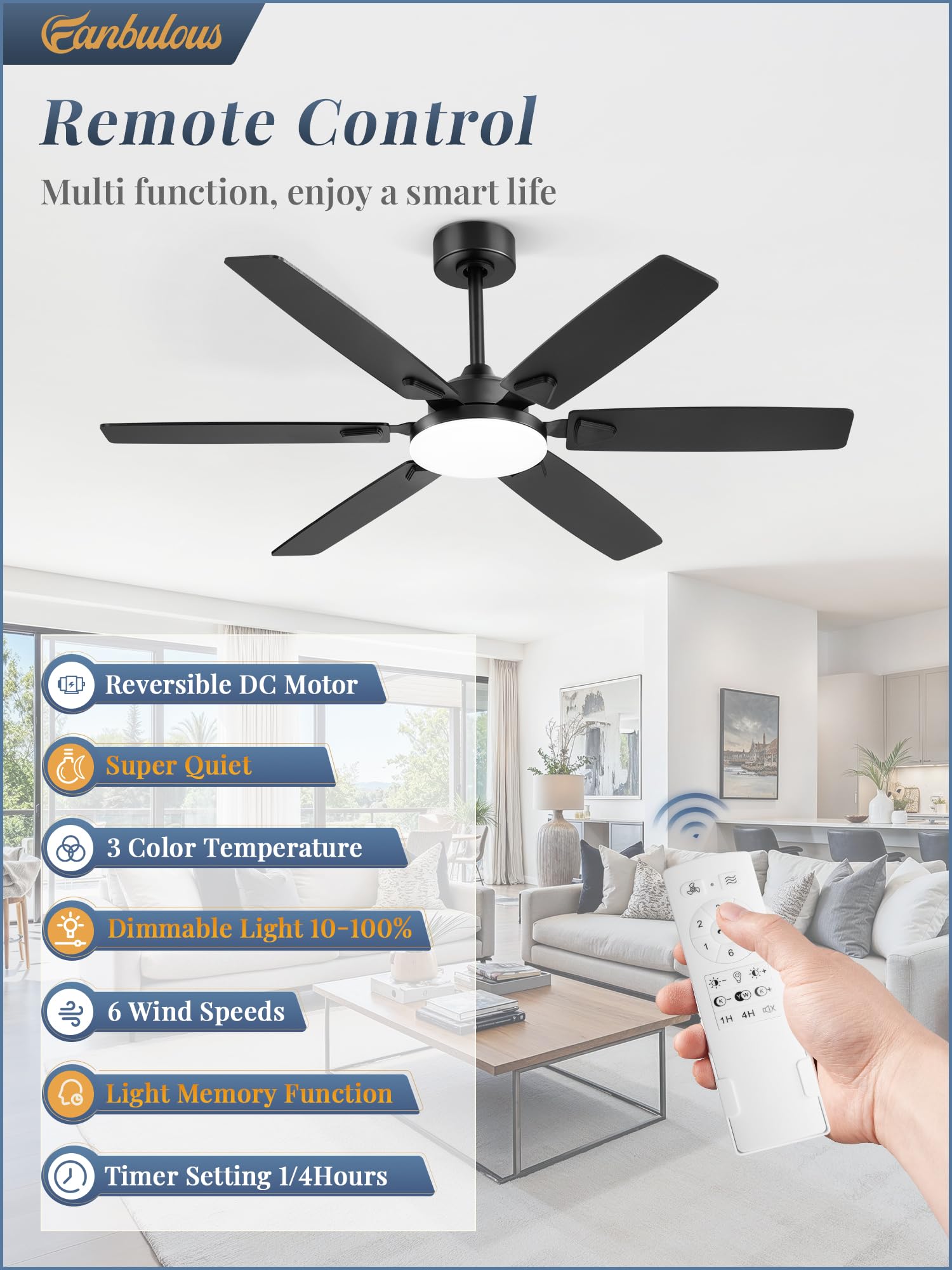 Fanbulous quiet DC motor delivers whisper-quiet operation for bedrooms and lounges.