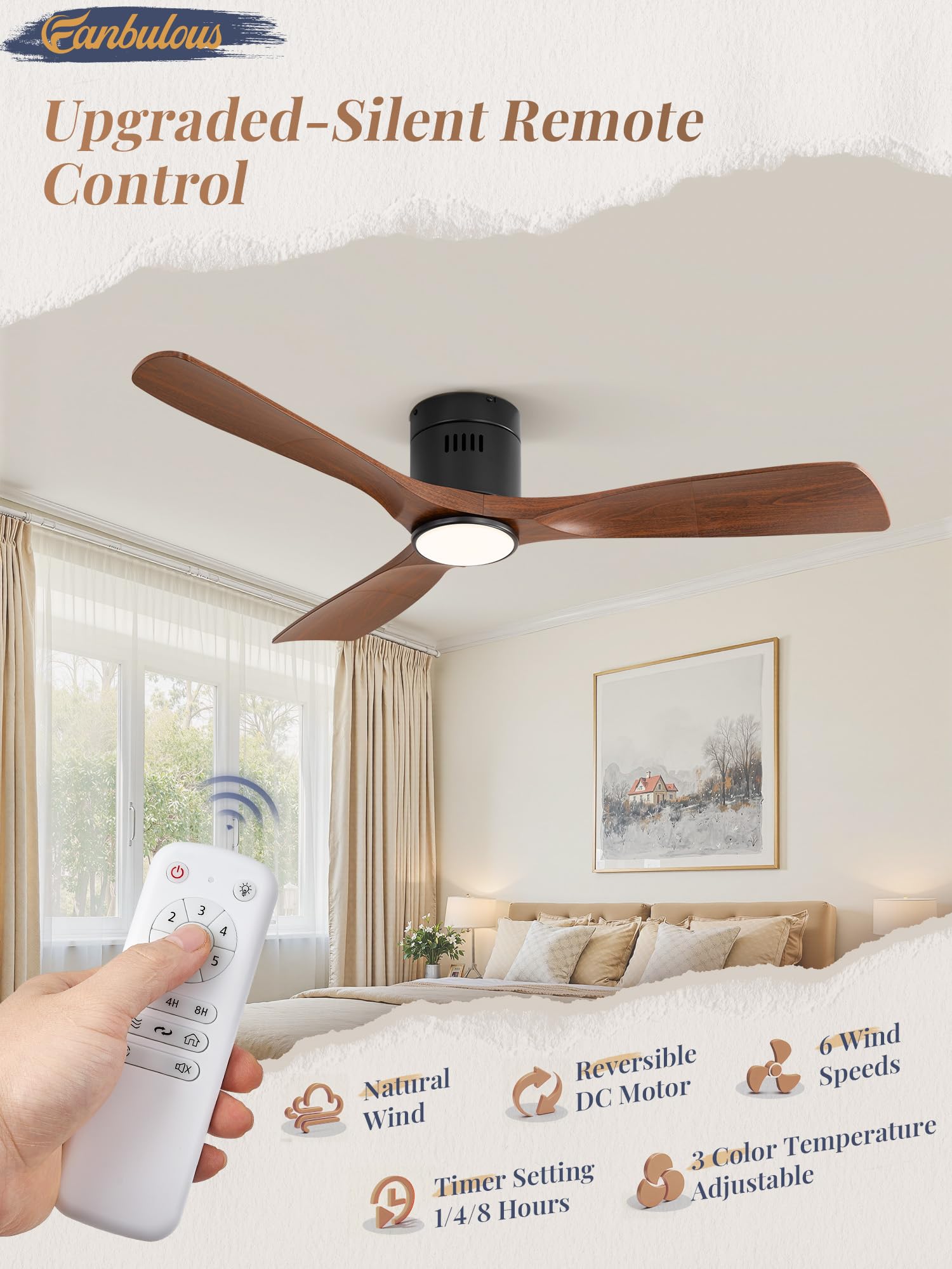 Fanbulous remote controlled ceiling fan for effortless speed and light adjustments.