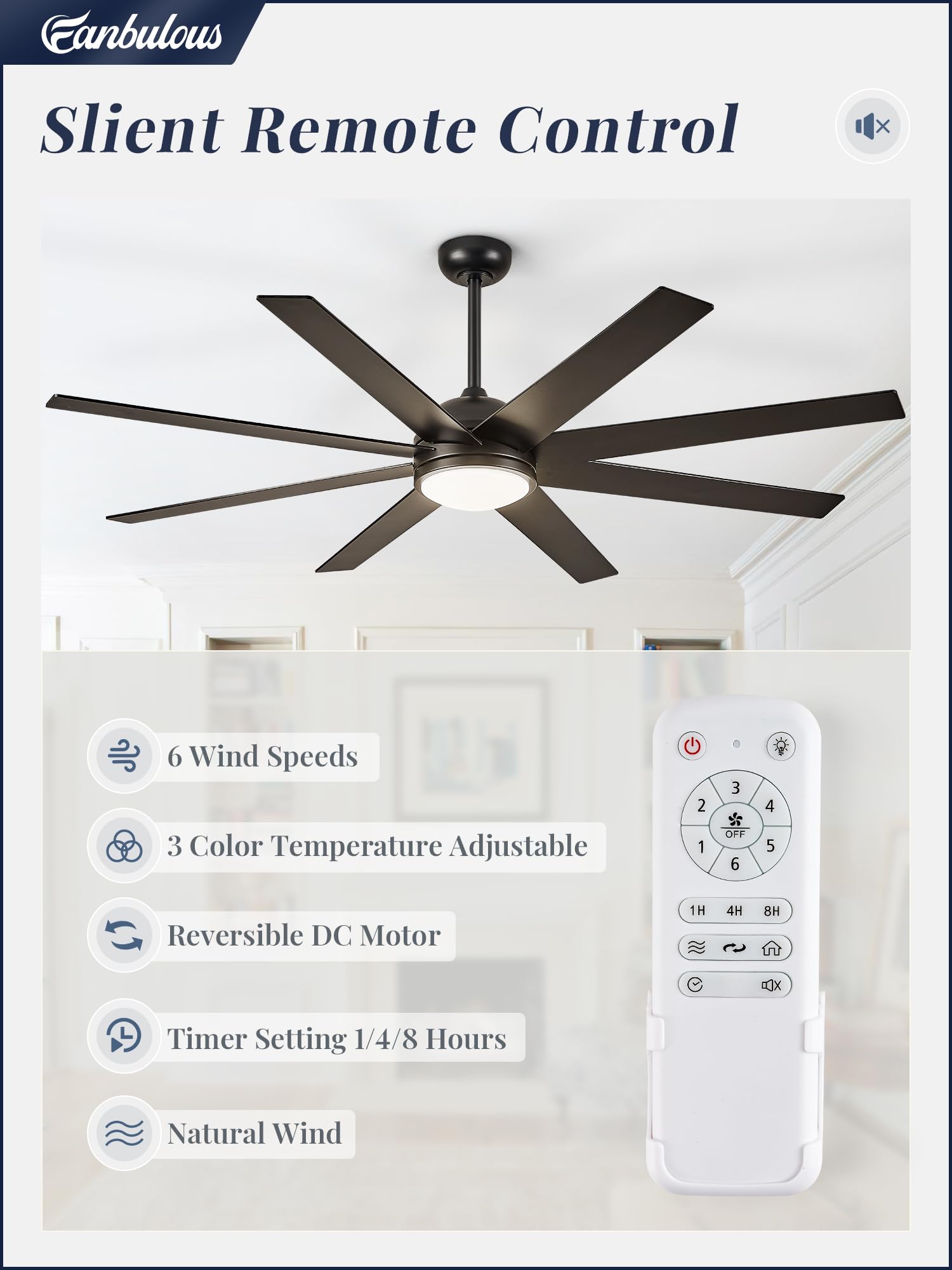 Fanbulous quiet reversible DC motor enables year-round comfort with minimal noise.
