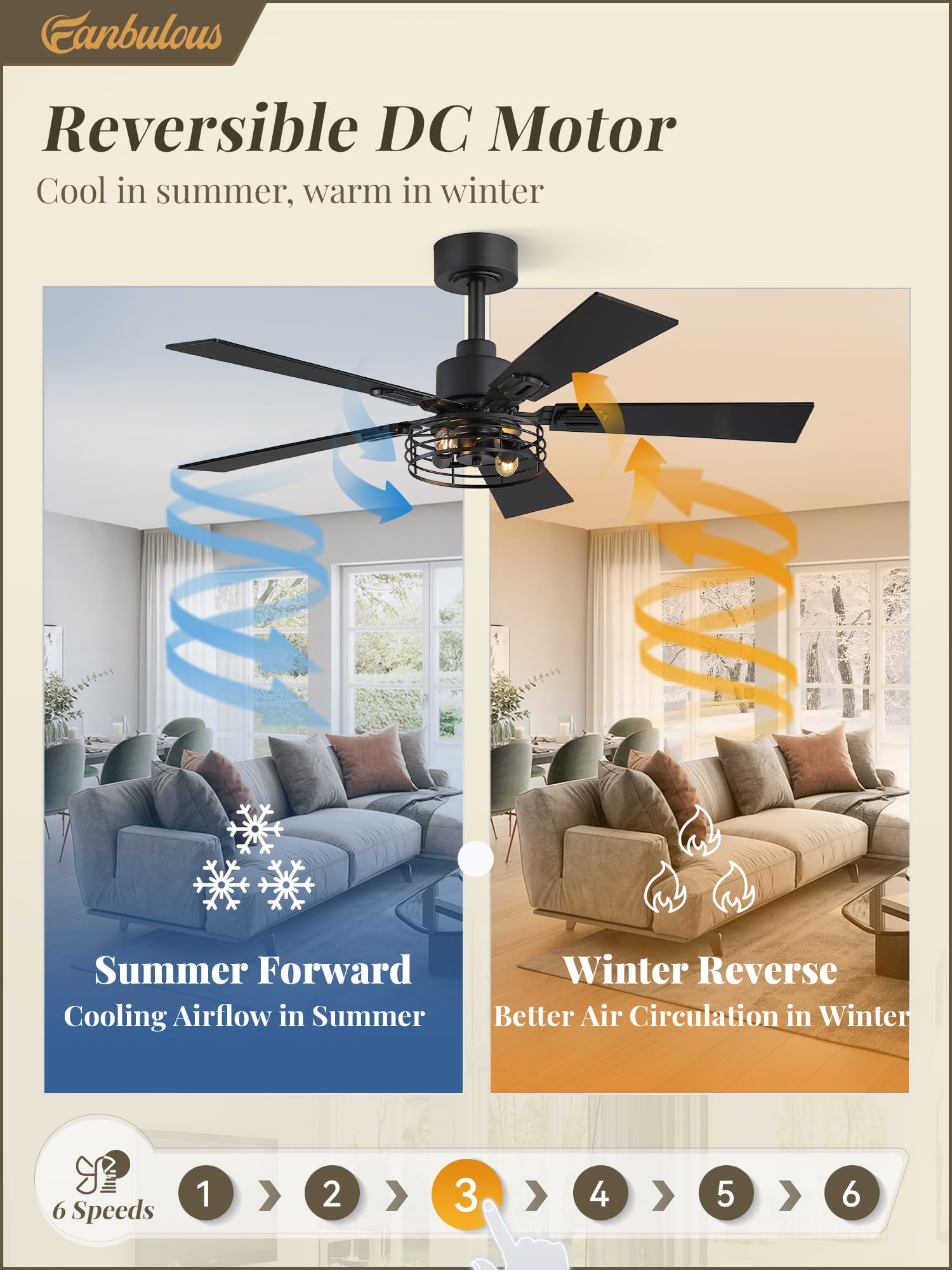 Fanbulous reversible function adapts airflow for seasonal comfort.