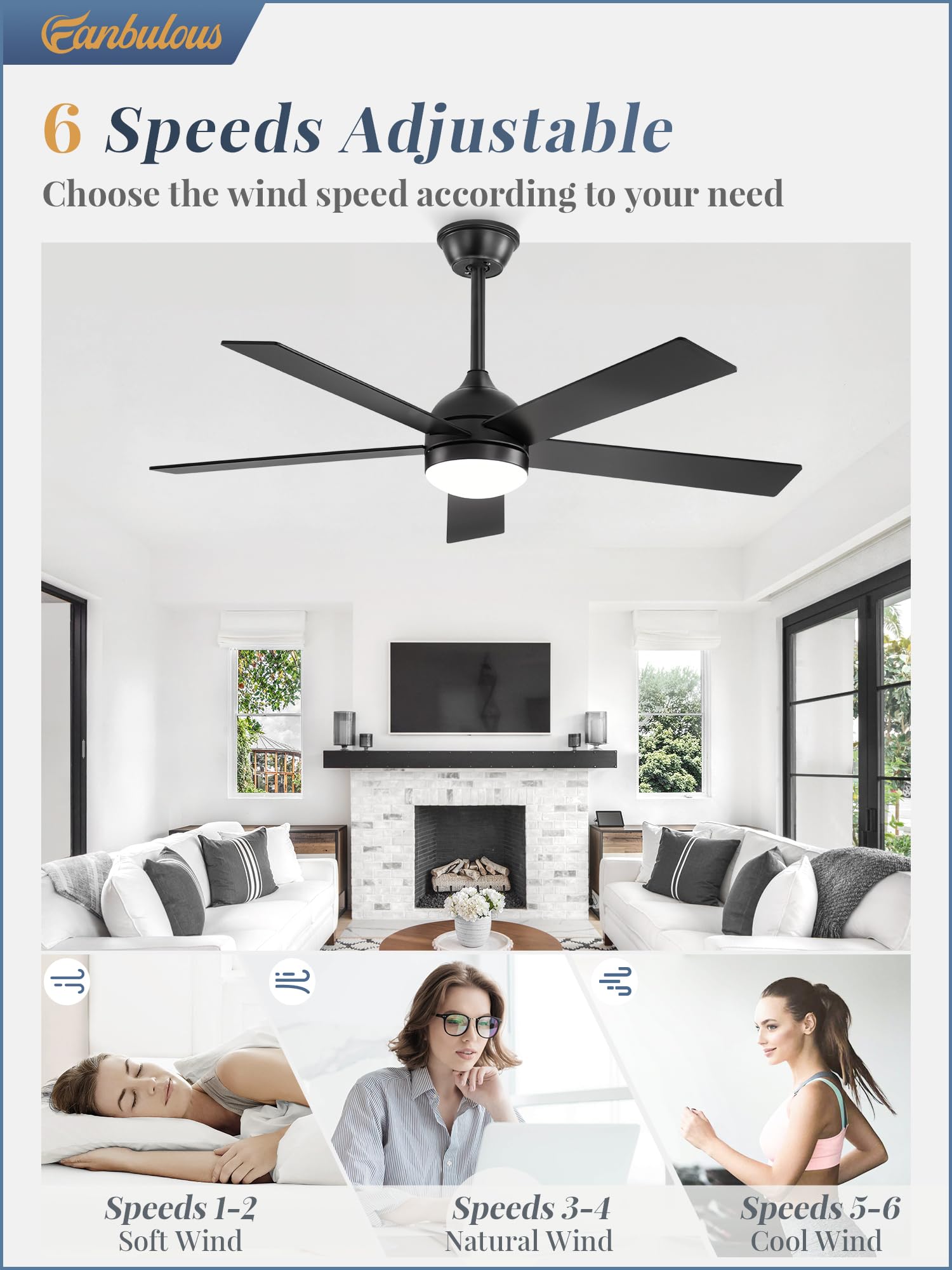 Fanbulous downrod compatibility for sloped ceilings and flexible placement.