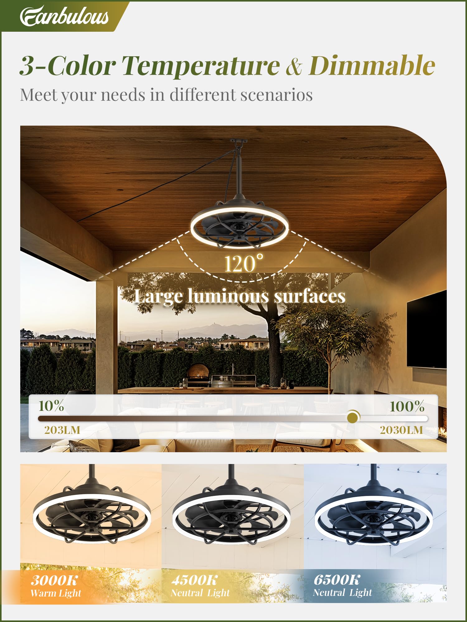 Fanbulous three CCT lighting with dimming for versatile mood and task lighting.