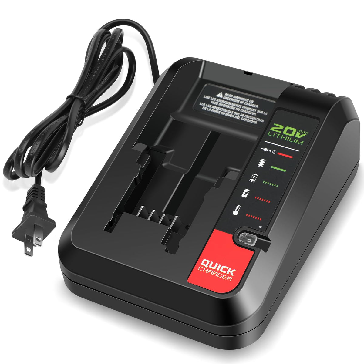 Fancy Buying Porter-Cable 20V charger top view, compact design for quick workspace charging.