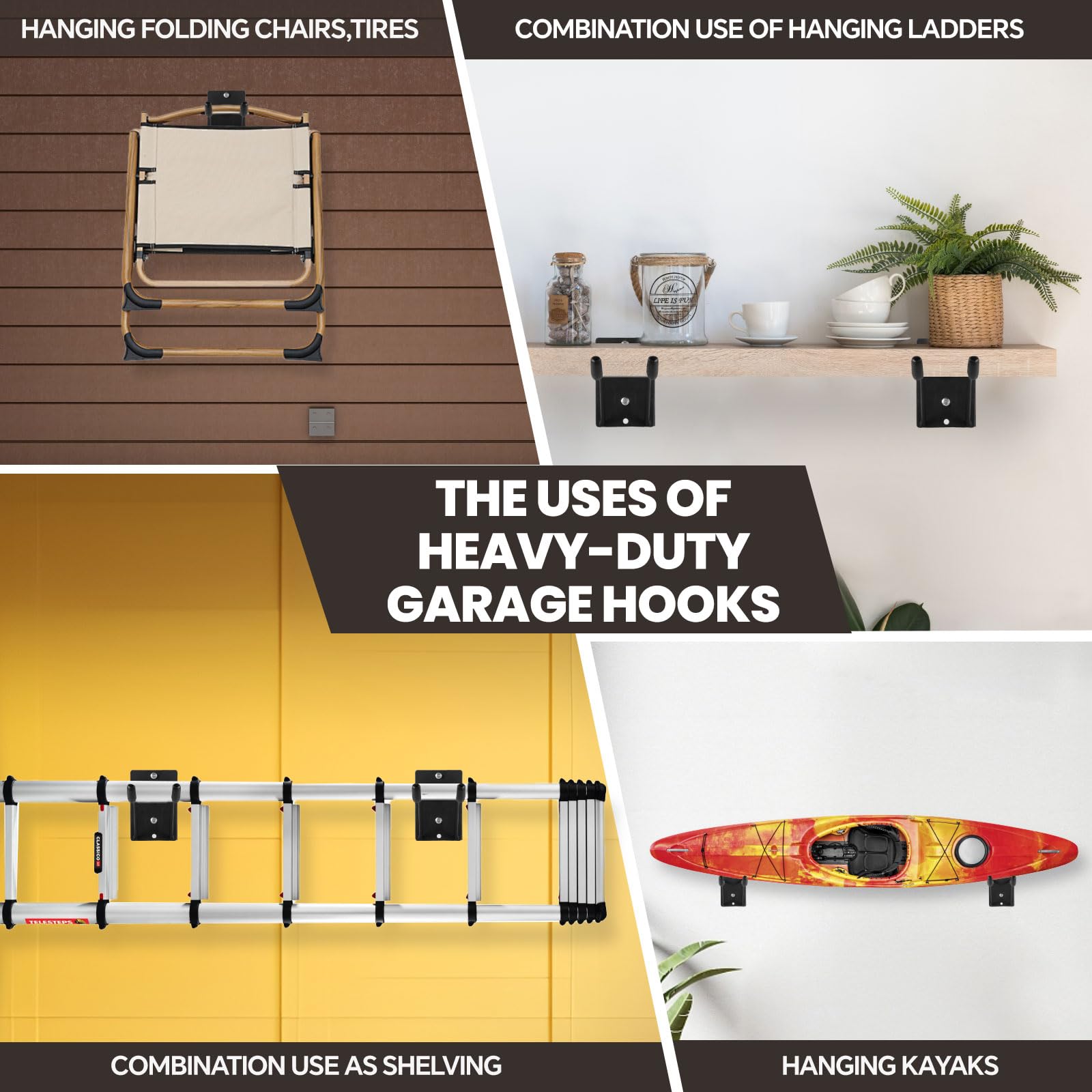 FancyEagle four-pack garage hooks maximizing space for tires and tools