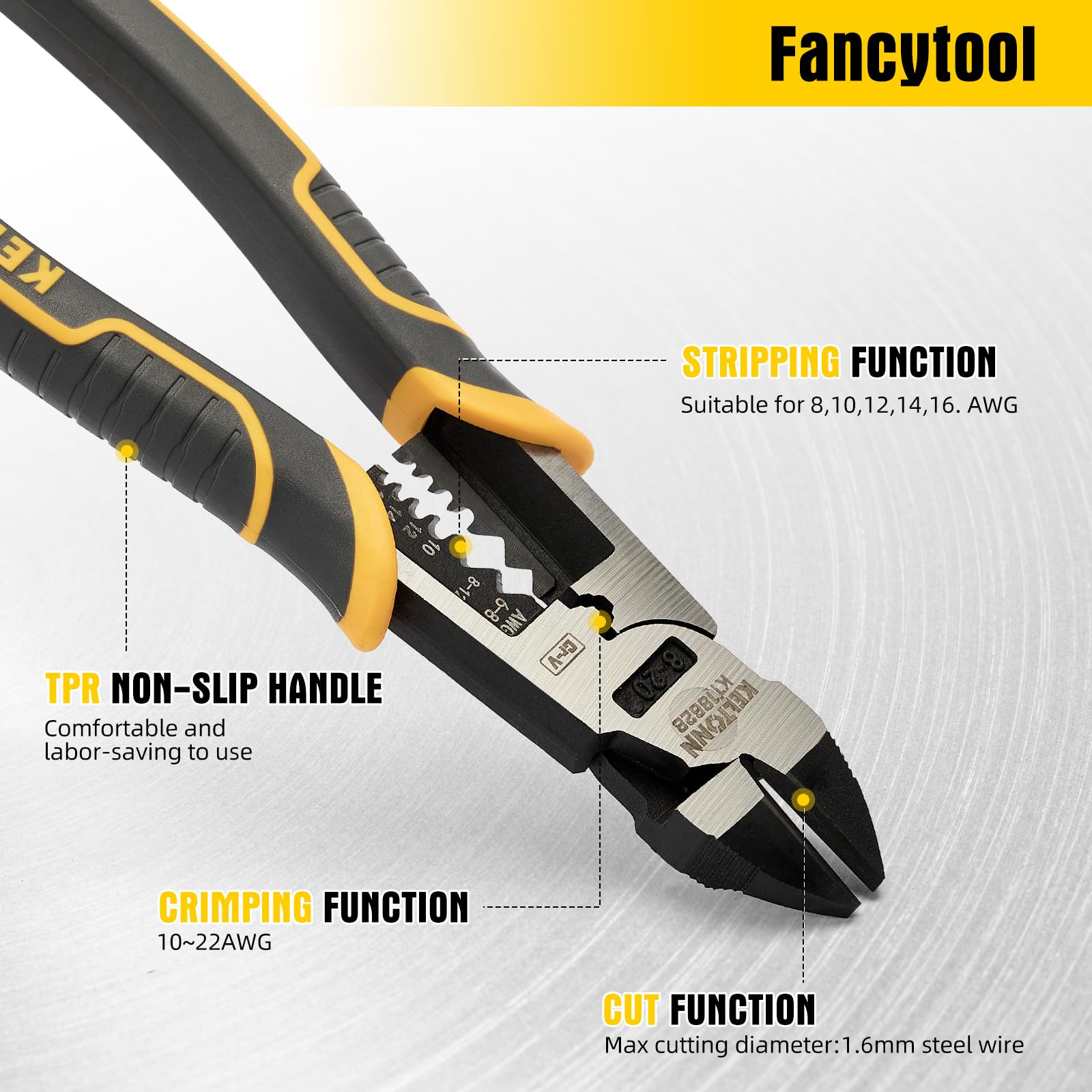 Fancytool 8-inch pliers in cutting action delivering clean wire cuts