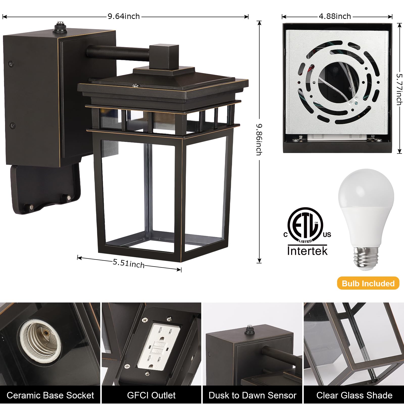 Automatic dusk-to-dawn sensor activates at night to illuminate the entry