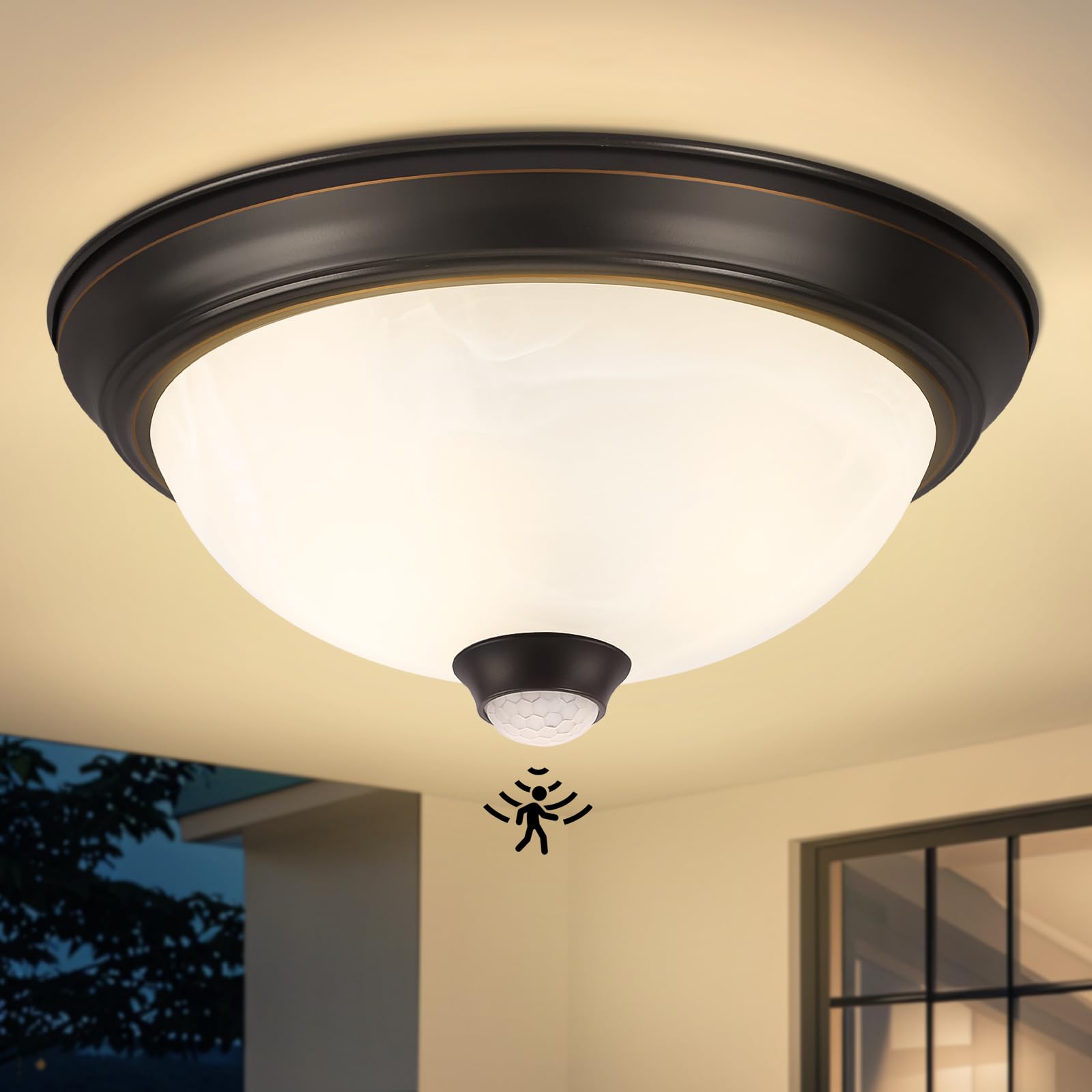 FANDBO motion-sensor outdoor ceiling light with remote for hands-free operation up to 23 feet.