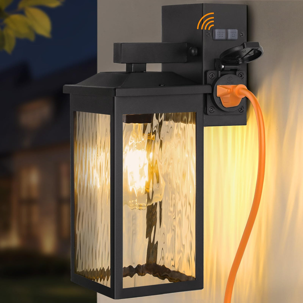 FANDBO porch light with GFCI outlet for safe outdoor power access.