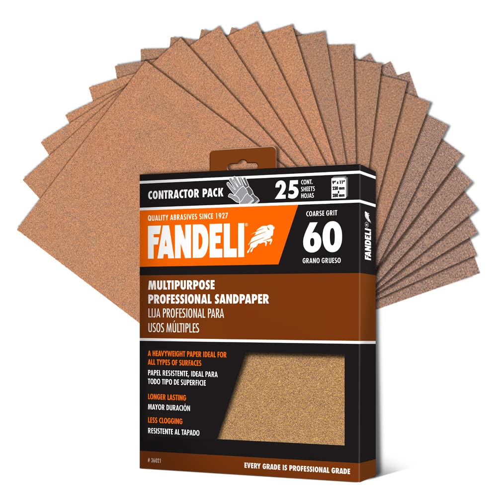 Fandeli 36021 sandpaper package showing 25 sheets for versatile projects.