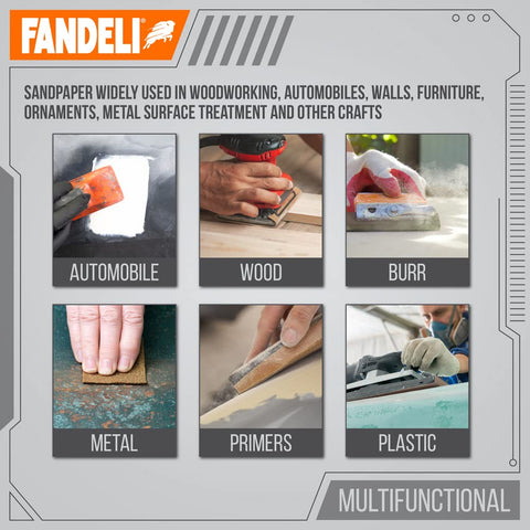 Fandeli 36021 sheets for sanding wood metal and plastic prep tasks.