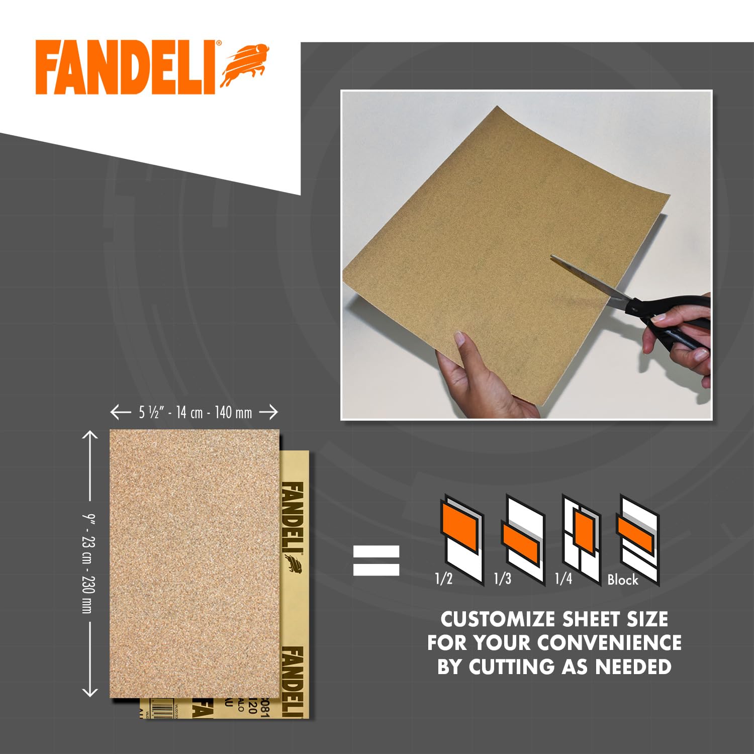 Fandeli cut-to-fit sanding paper for custom tool sizes.