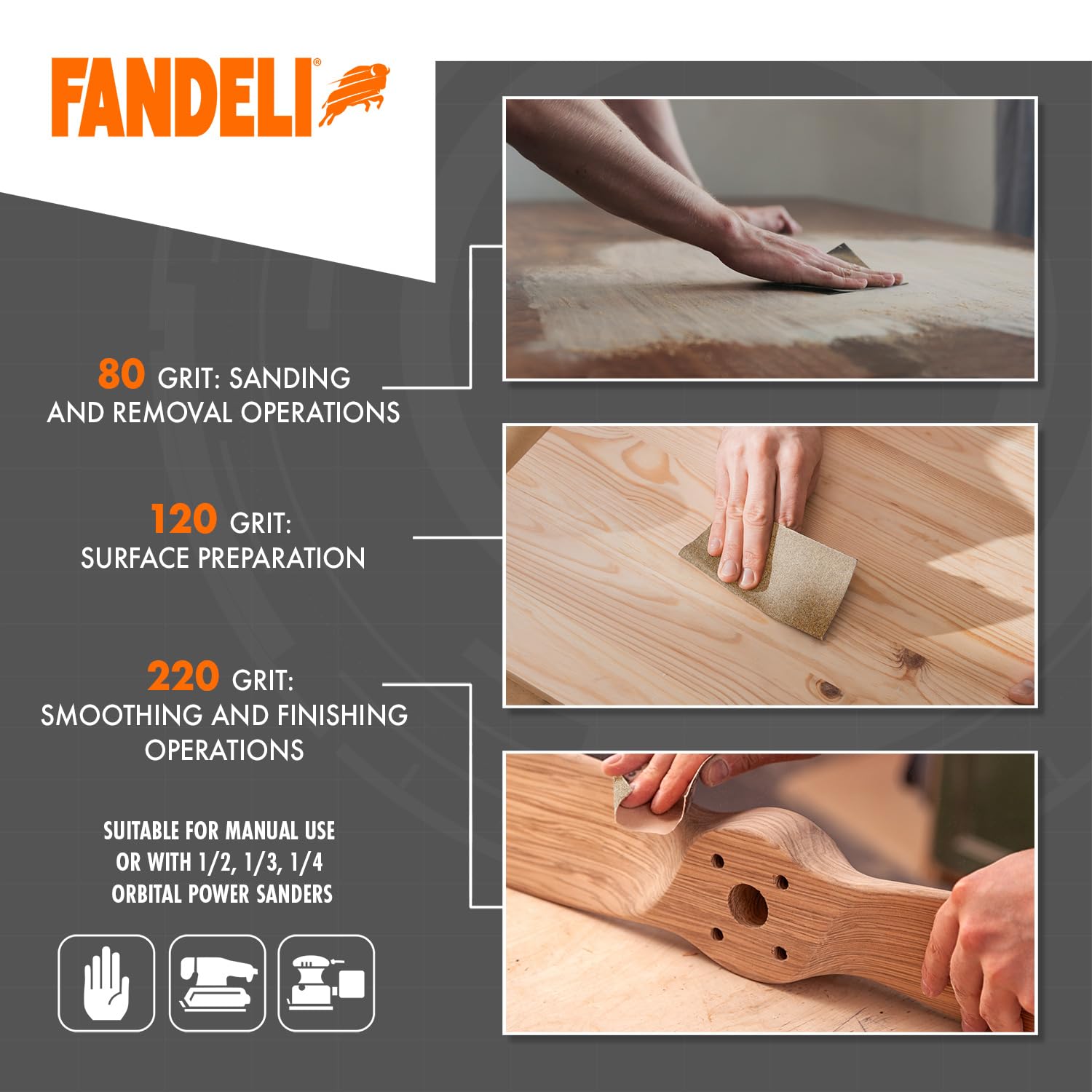Fandeli wood-smoothing sanding paper on curved surfaces.
