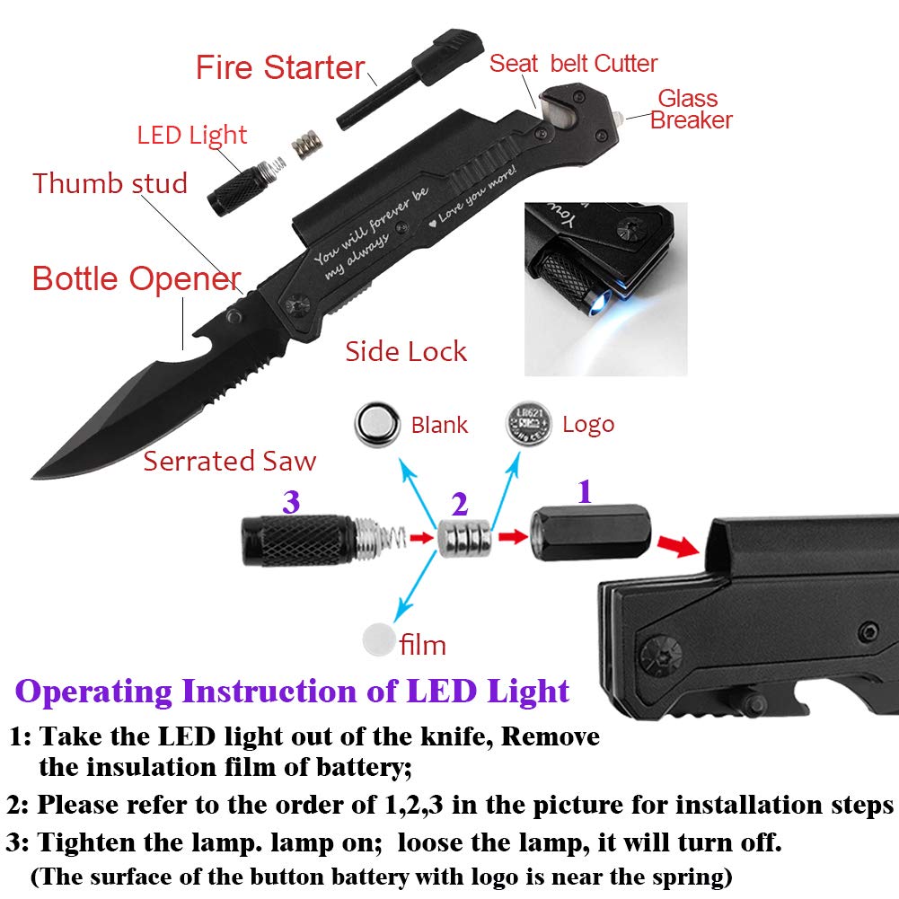 Fanfoobi knife with fire starter and bottle opener for outdoor use.