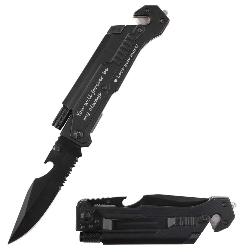 Fanfoobi pocket knife with seat belt cutter and glass breaker for emergencies.