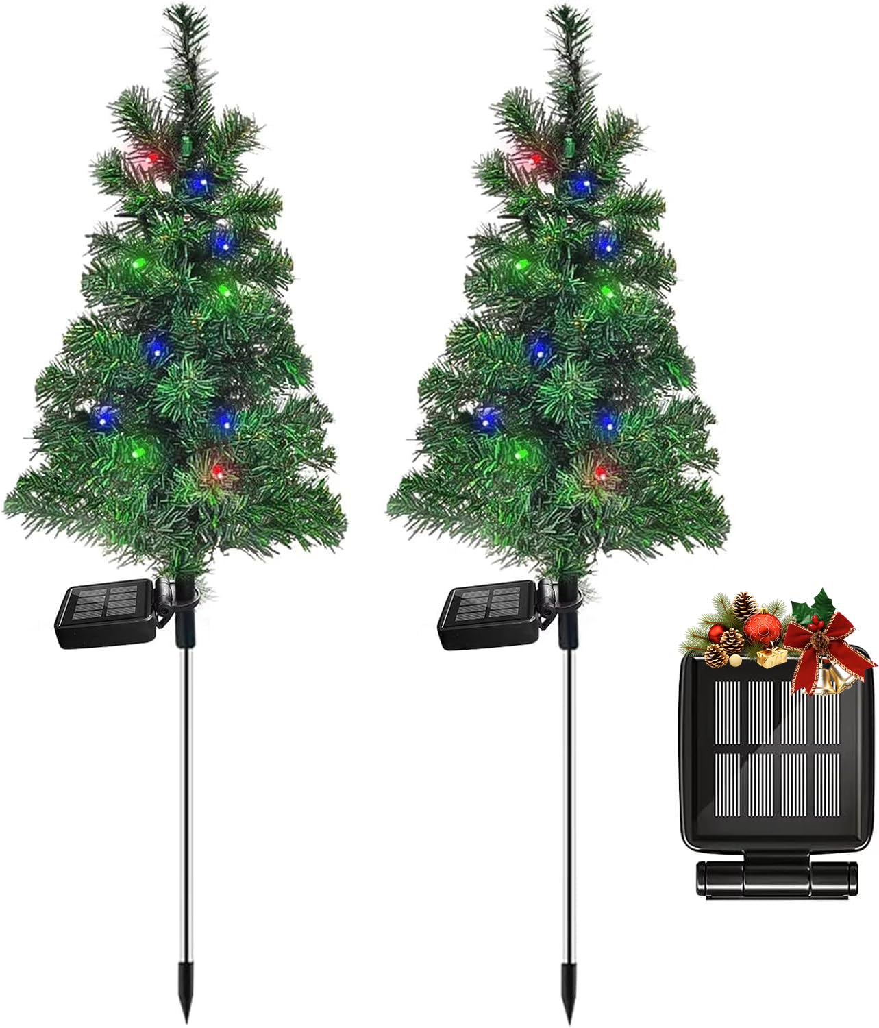 FanFX solar Christmas tree stake lights illuminate outdoor pathways at night
