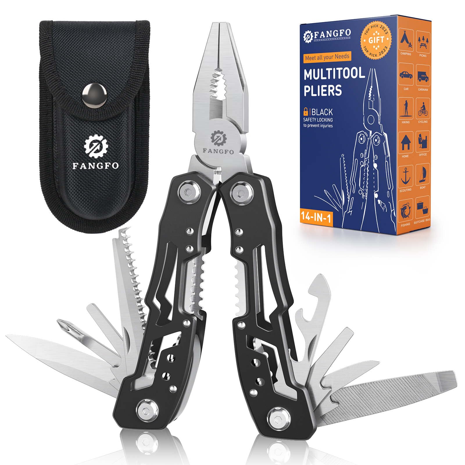 Fangfo 14-in-1 multitool with pliers ready for on-the-go repairs and adjustments.