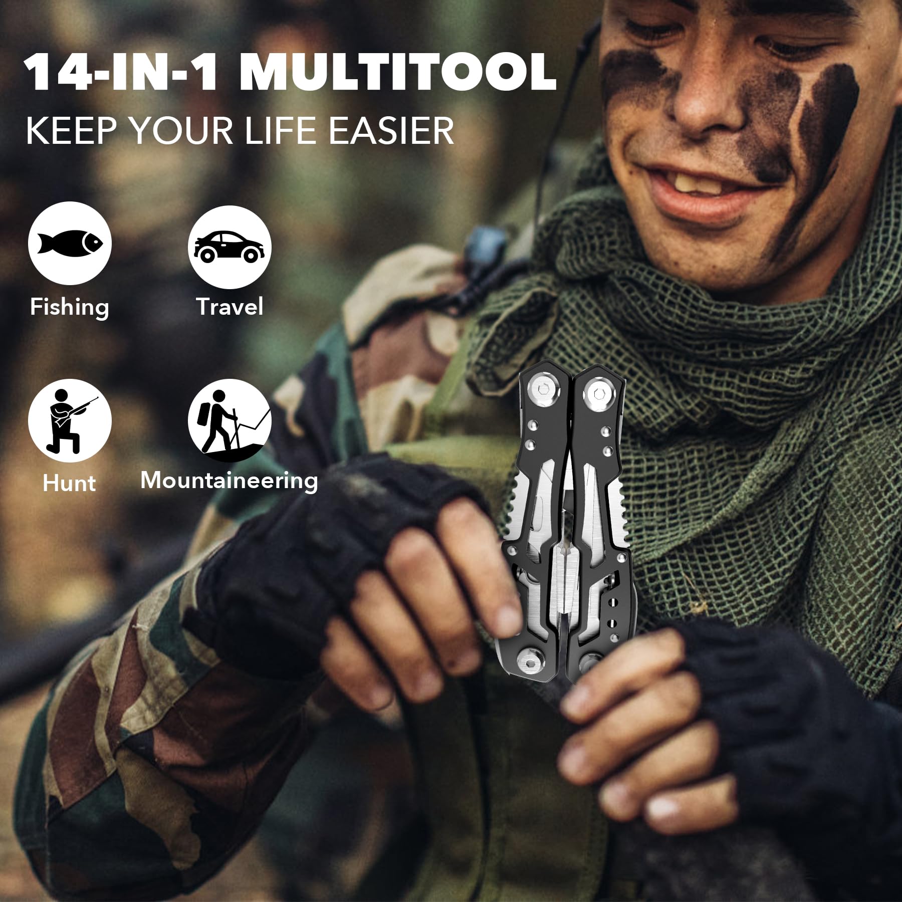 Fangfo compact multitool fits in your pocket for camping and hiking.