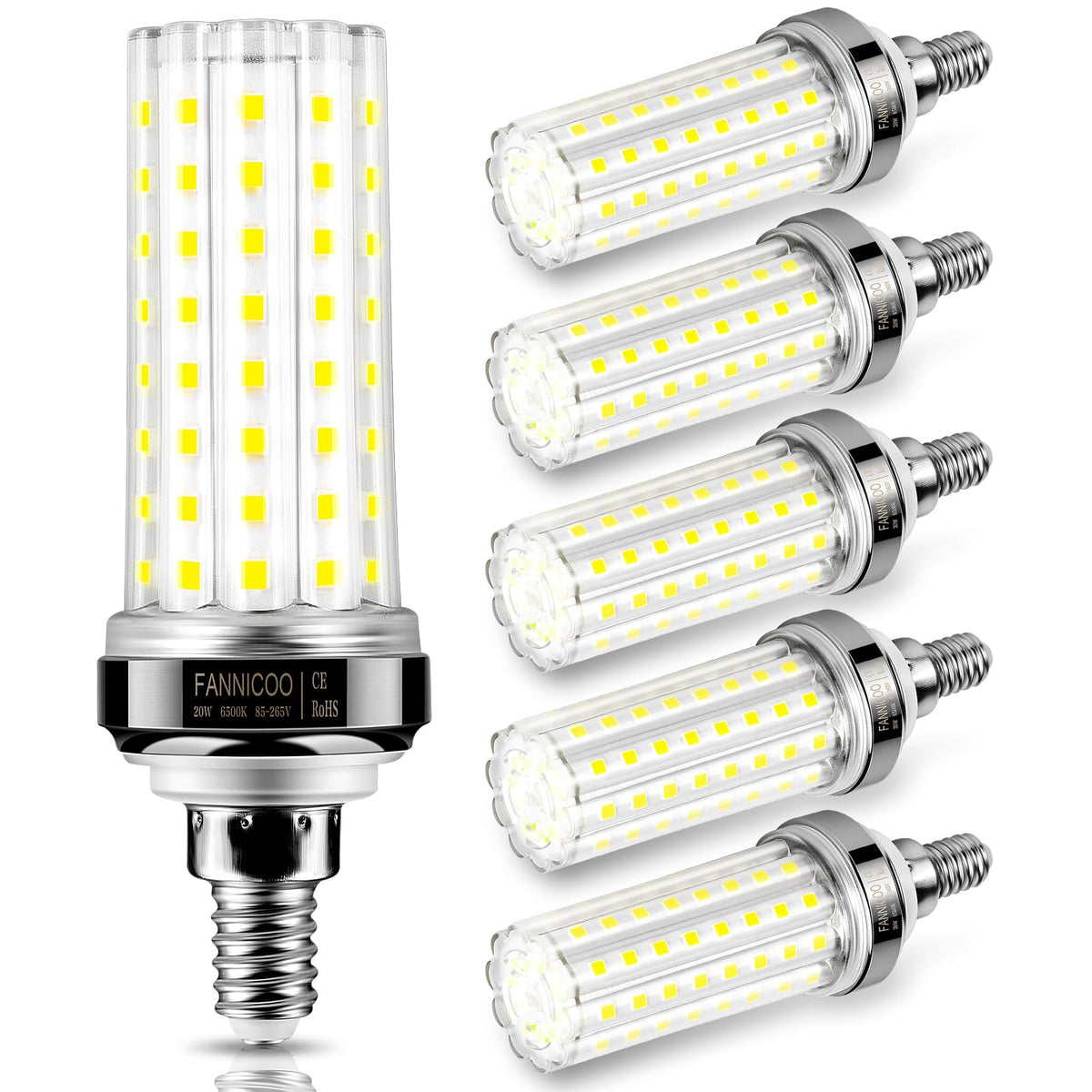 FanNicoo E12 LED bulb packaging shows six-pack convenience for quick home upgrades