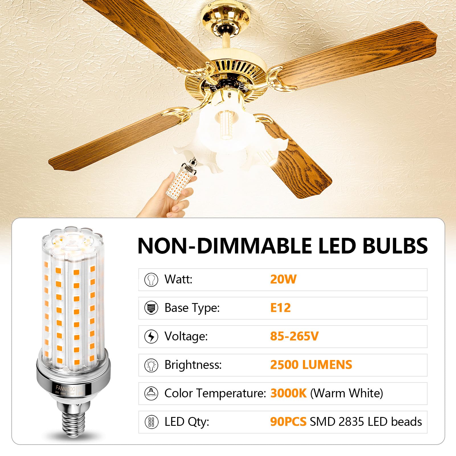 FanNicoo E12 LED corn base-size demonstrates larger form for E12 fixtures.