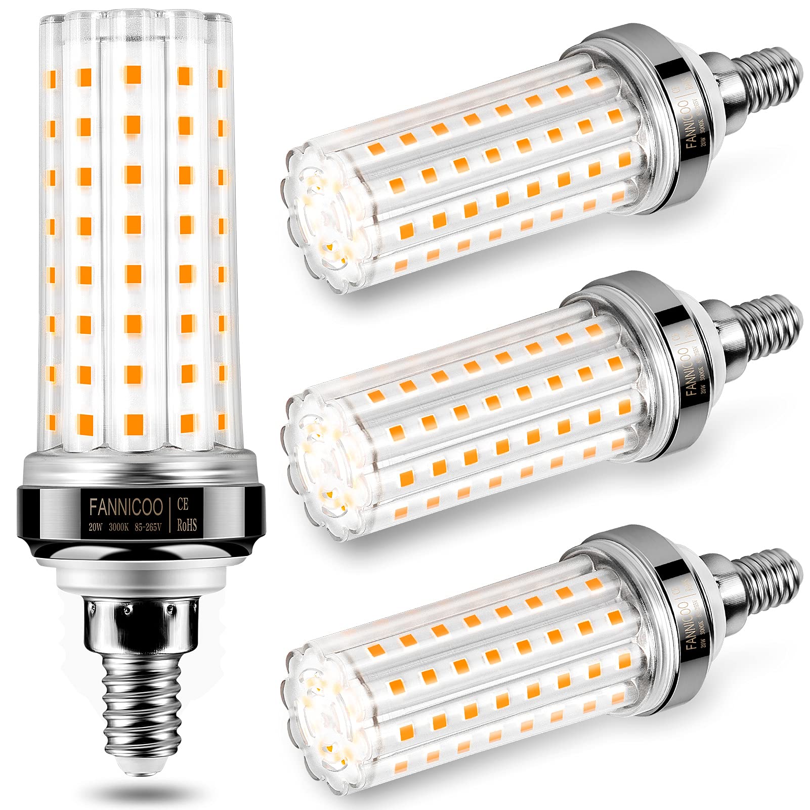 FanNicoo E12 LED corn pack-4 ready to replace high-wattage fixtures for energy-saving lighting.