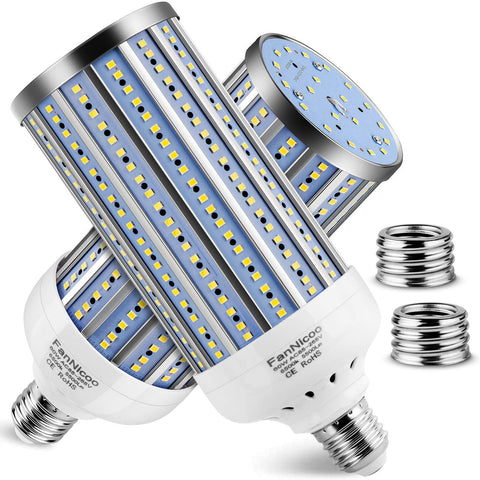FanNicoo LED corn light front view showing broad, daylight-style illumination for a garage