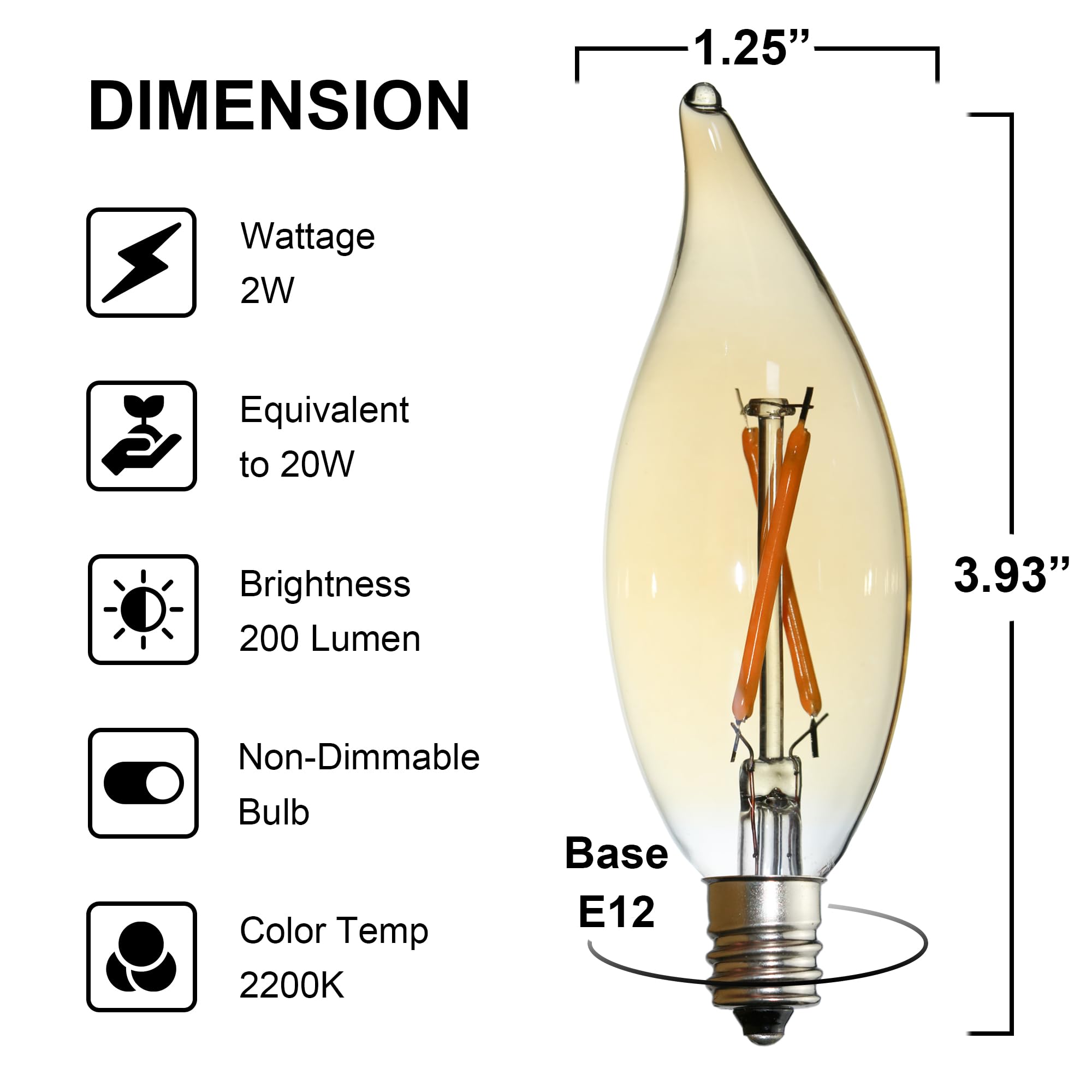 FANNIS 12-pack C32/B10 bulb showing amber glass and filament glow