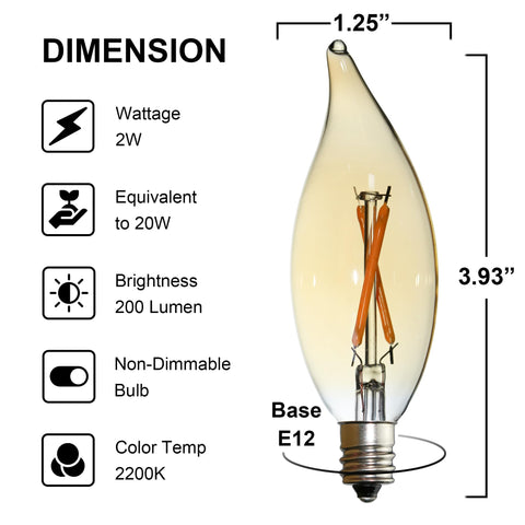 FANNIS 12-pack C32/B10 bulb showing amber glass and filament glow