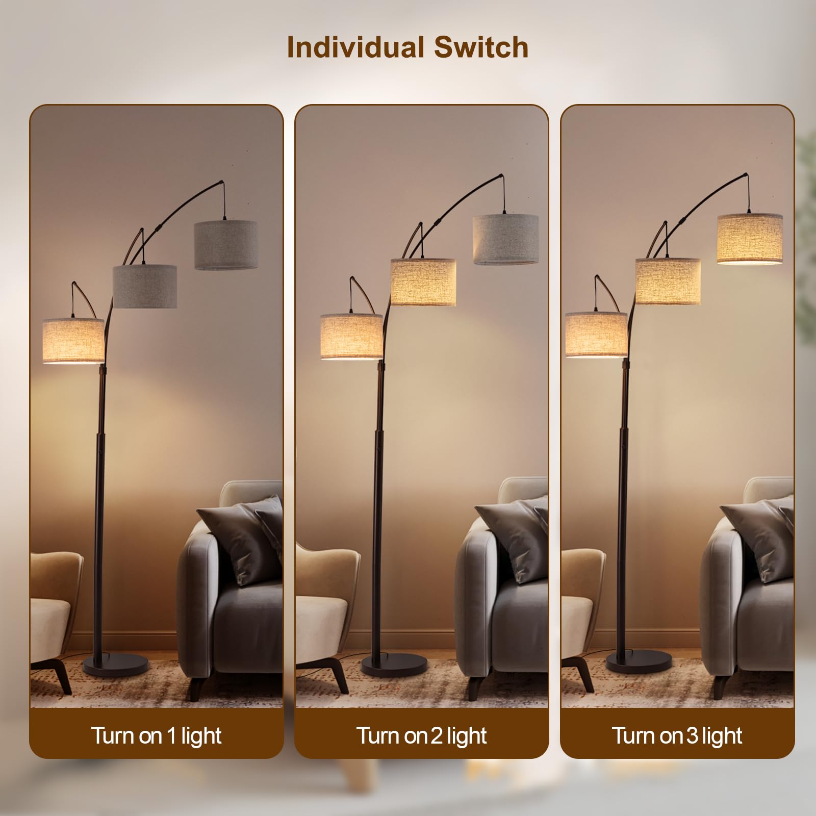 Fansdrick arc floor lamp base and shade image underscores sturdy design and warm beige tones.