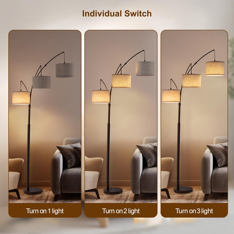 Fansdrick arc floor lamp base and shade image underscores sturdy design and warm beige tones.