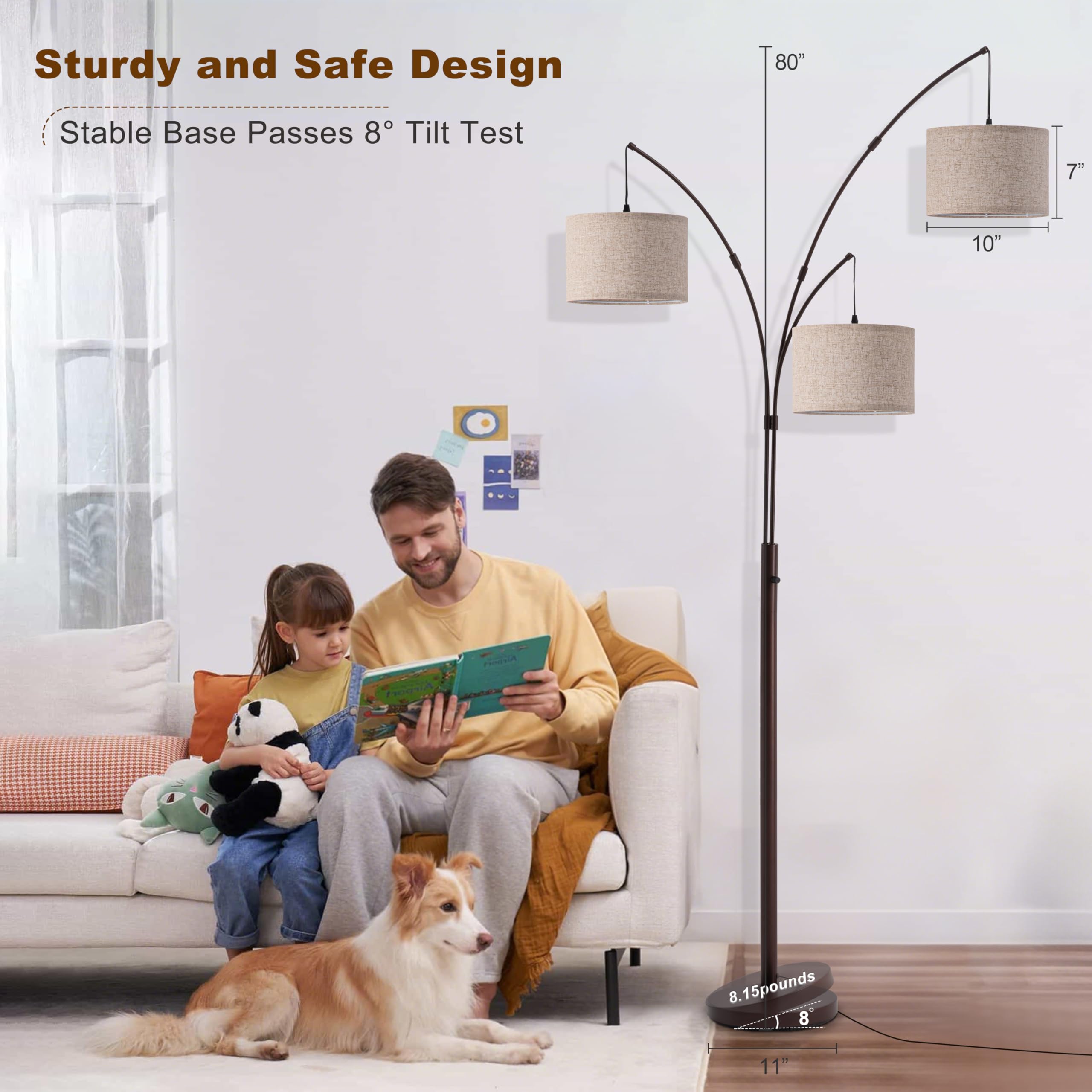 Fansdrick arc floor lamp dimmed setting creates cozy ambience for evenings.