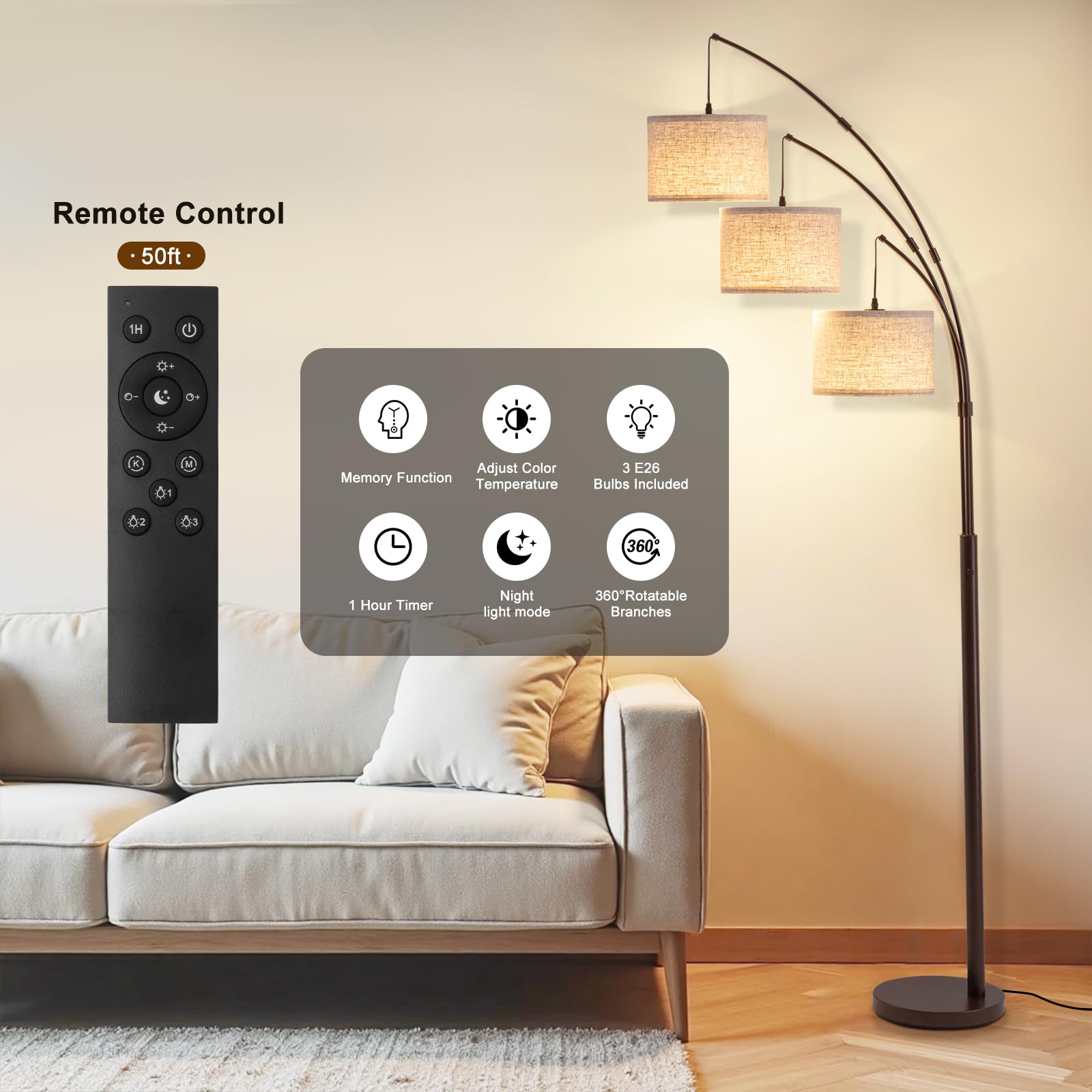 Fansdrick 3-Light Arc Floor Lamp with remote control closeup shows easy dimming and temp adjustments.
